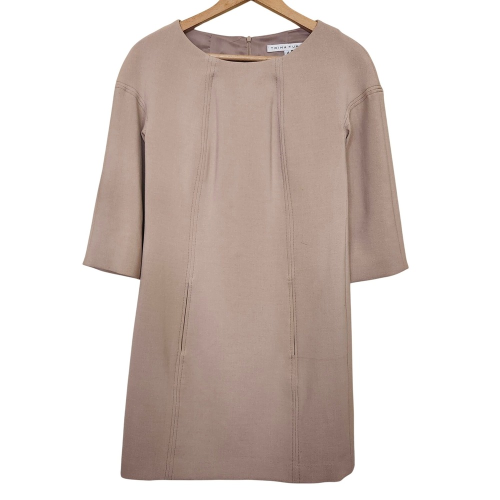 Trina Turk Shift Dress Women 4 Taupe 3/4 Sleeve Pockets Seams Mini‎